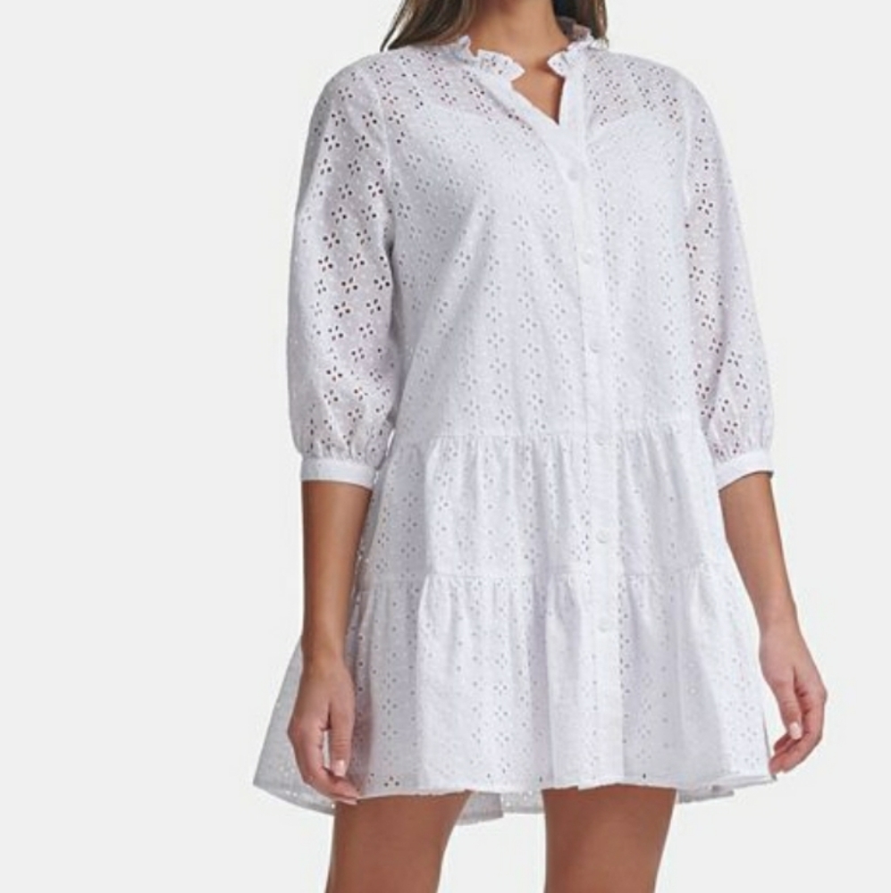 Tommy Hilfiger White Cotton Eyelet Tiered Shirt Dress
